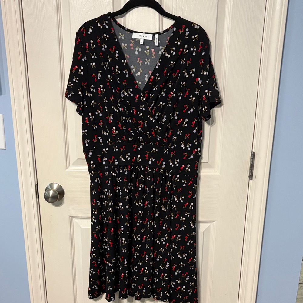 Lark & Ro Black Mini Dress with Red and White Floral Pattern